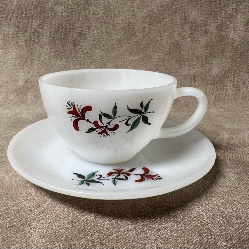Anchor Hocking Fire King Honeysuckle Coffee Teacup And Saucer Set USA Milk Glass